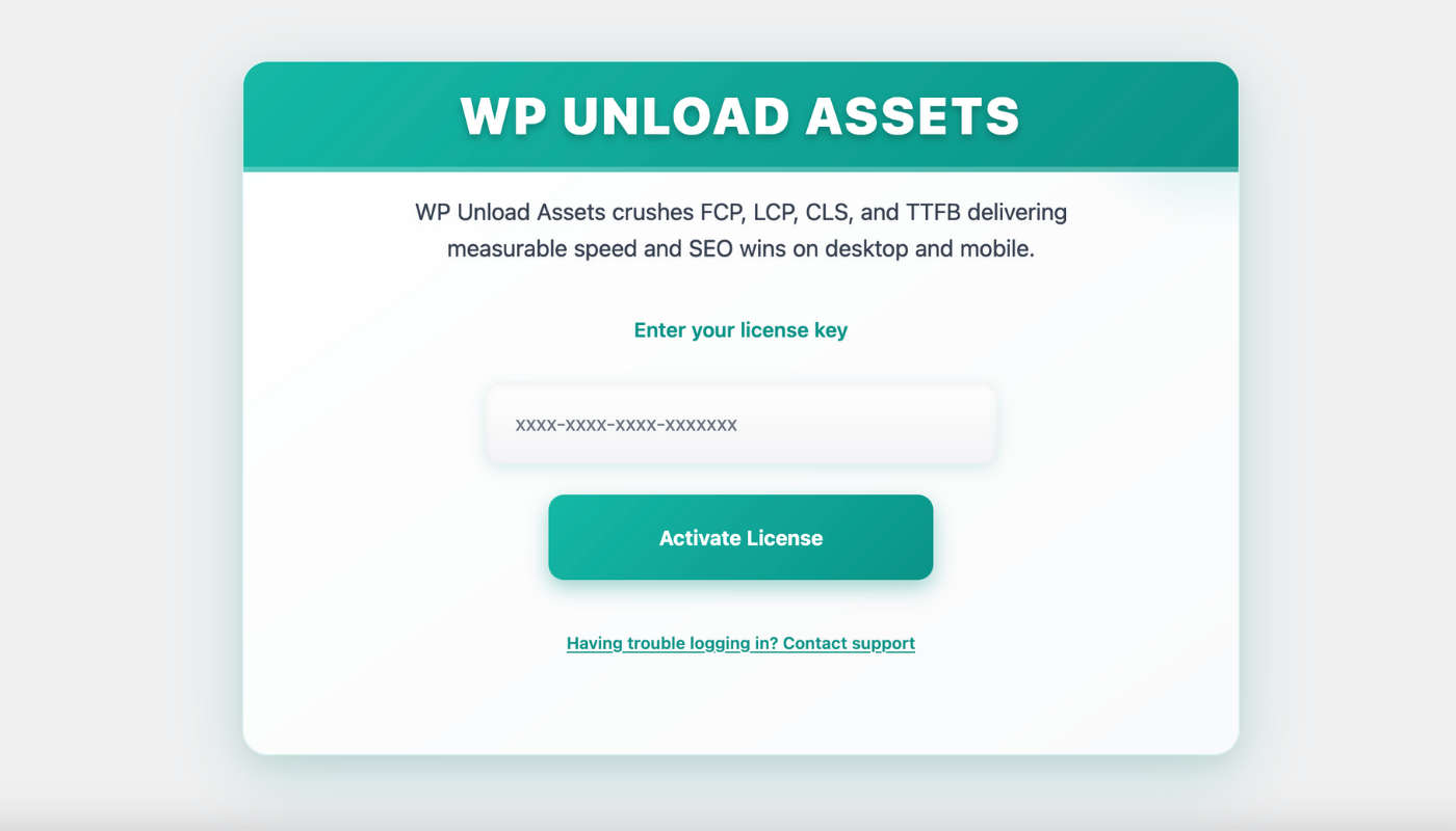WP Unload License Activation Screen