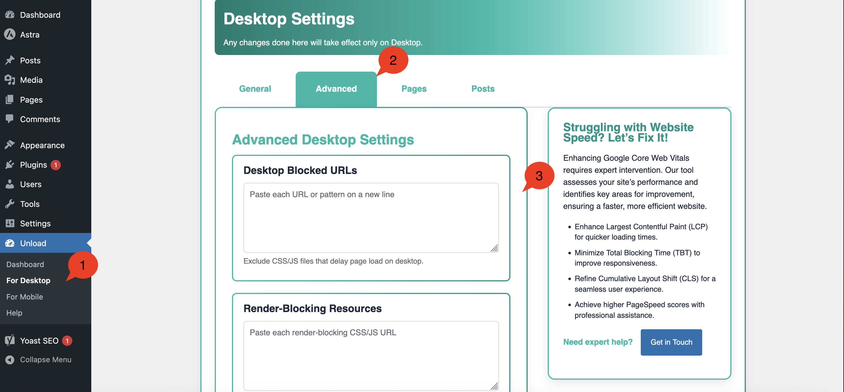 WP Unload plugin showing mobile CSS blocking settings for WordPress optimization