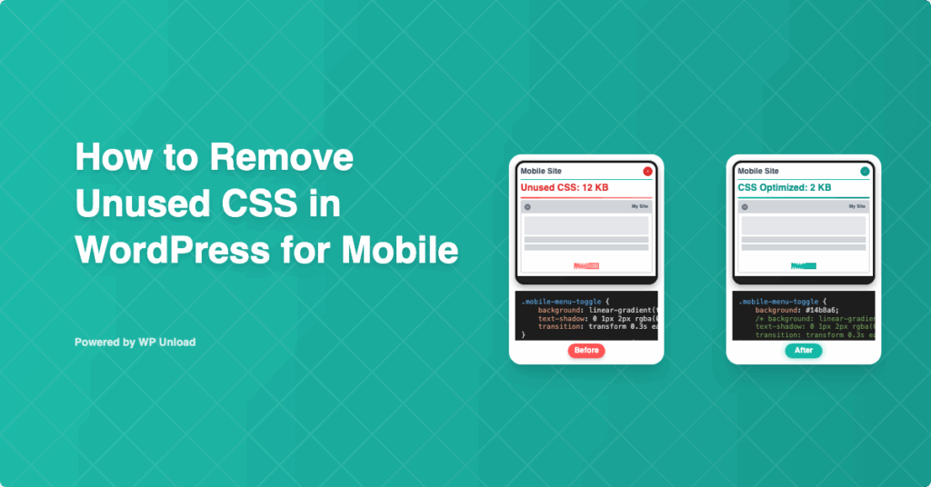 WP Unload dashboard for removing unused CSS for Mobile WordPress, showing before and after performance improvement