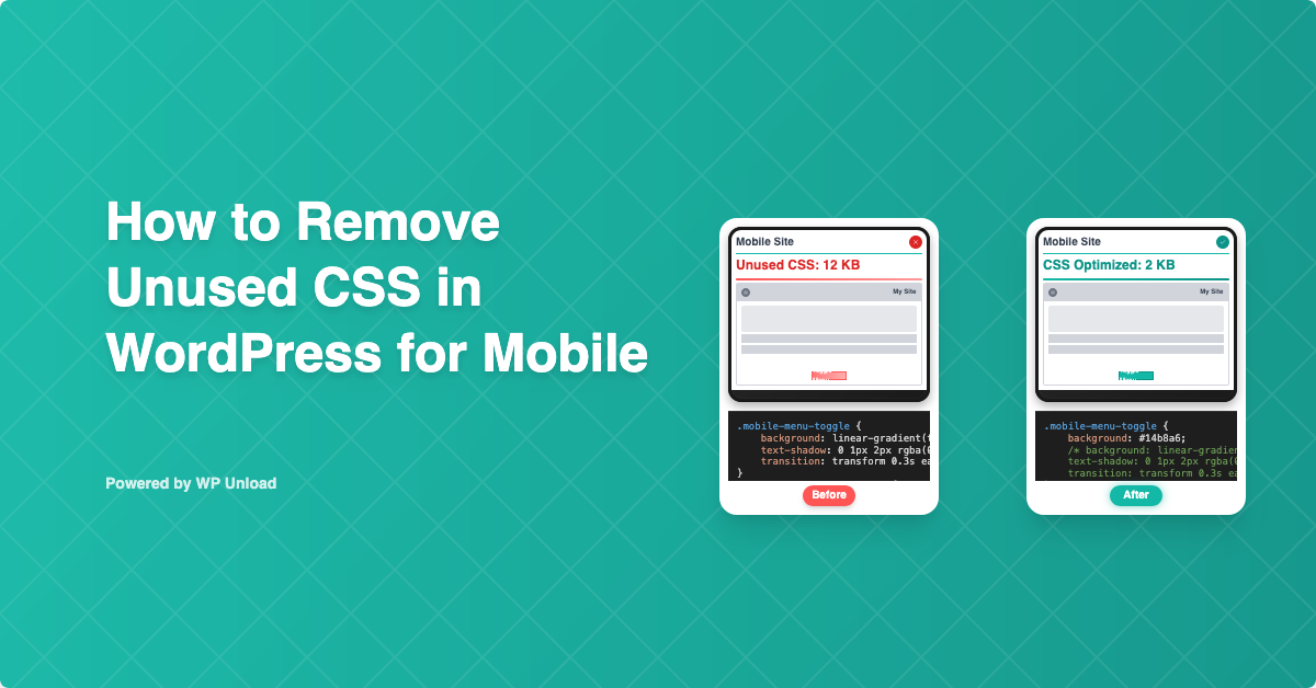 WP Unload dashboard for removing unused CSS for Mobile WordPress, showing before and after performance improvement