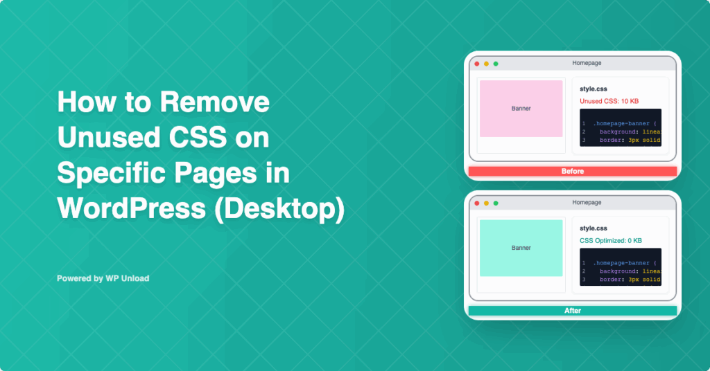 WP Unload dashboard for removing unused CSS for desktop WordPress Pages, showing before and after performance improvement