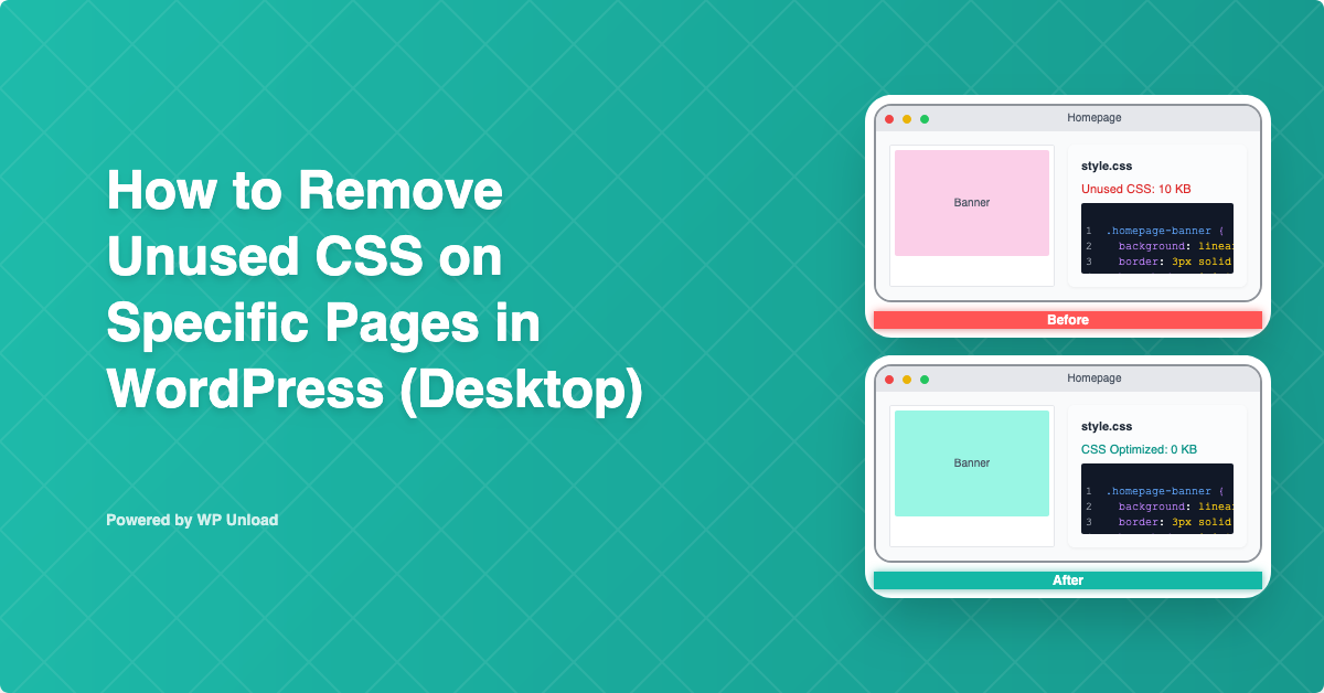 WP Unload dashboard for removing unused CSS for desktop WordPress Pages, showing before and after performance improvement