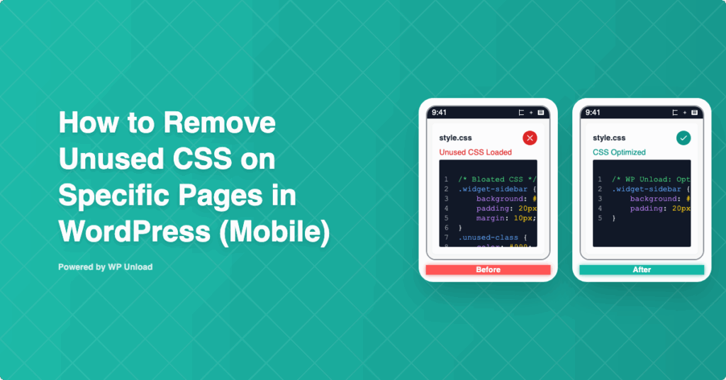 WP Unload dashboard for removing unused CSS for Mobile WordPress Pages, showing before and after performance improvement