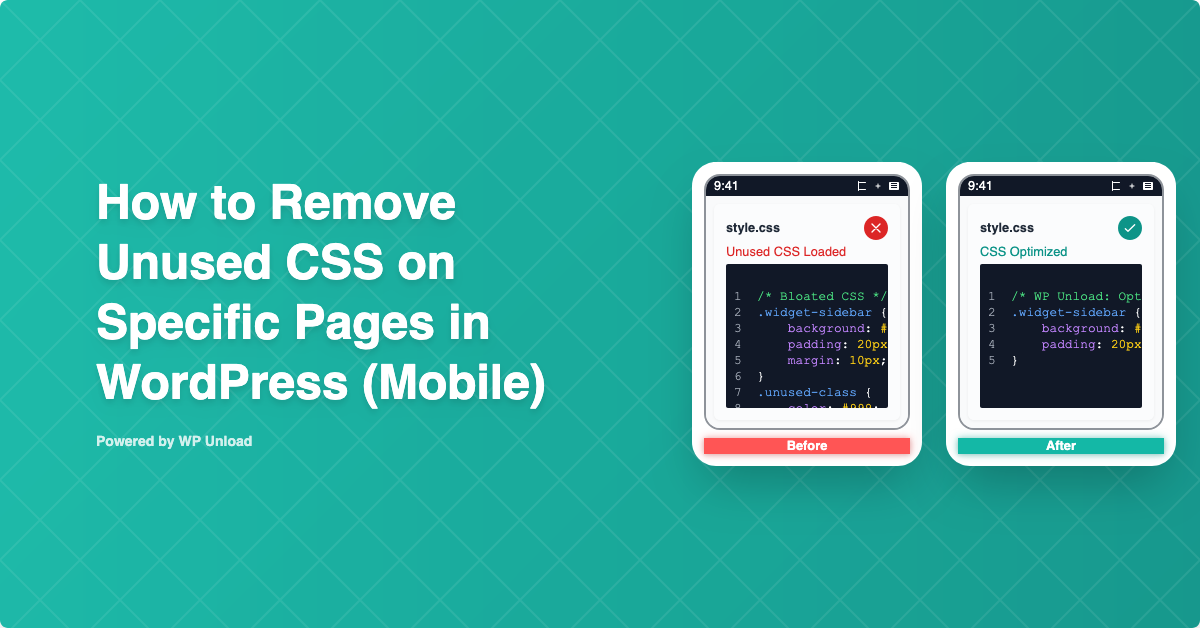 WP Unload dashboard for removing unused CSS for Mobile WordPress Pages, showing before and after performance improvement