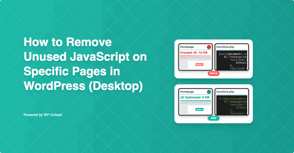 WP Unload dashboard for removing unused JavaScript on desktop WordPress pages, optimizing performance