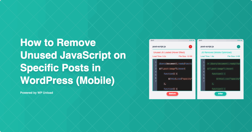 WP Unload dashboard for removing unused JavaScript for Mobile WordPress Posts, showing before and after performance improvement