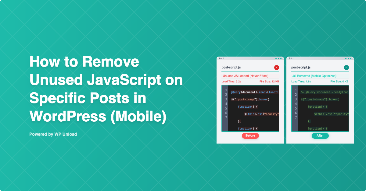 WP Unload dashboard for removing unused JavaScript for Mobile WordPress Posts, showing before and after performance improvement