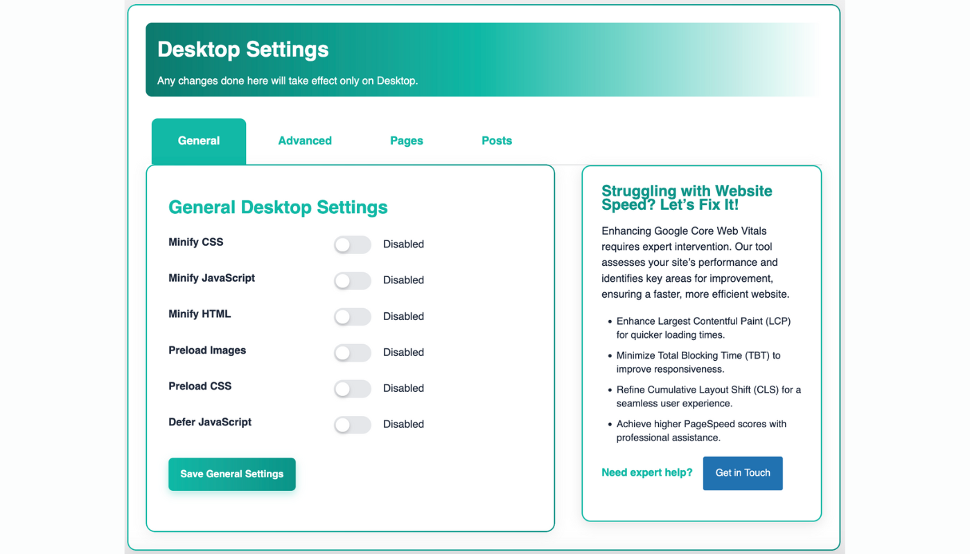 Screenshot of WP Unload Desktop Settings interface for configuring HTML minification in WordPress