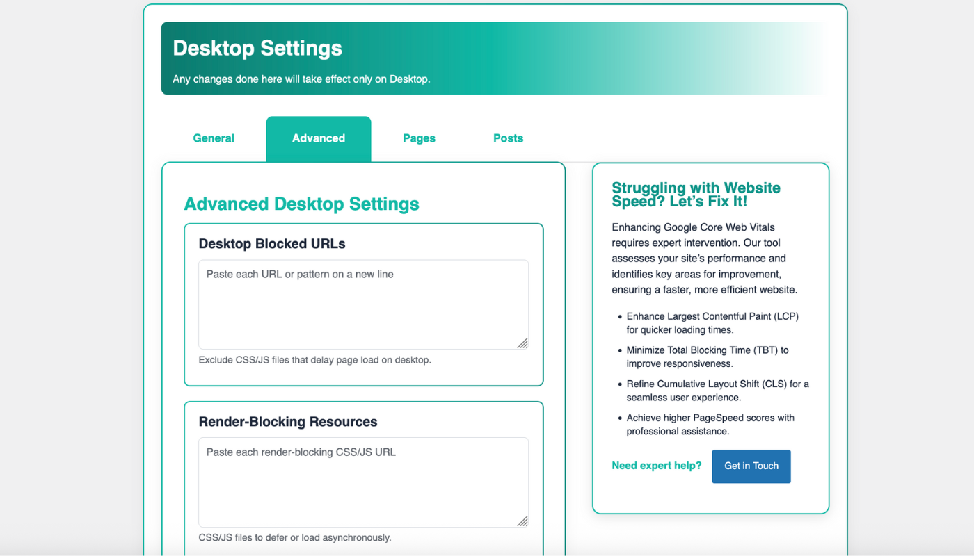 Screenshot of WP Unload Desktop Settings for removing unused JavaScript in WordPress