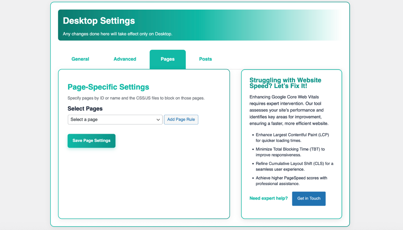 Screenshot of WP Unload Pages Tab for removing unused JavaScript on mobile WordPress pages