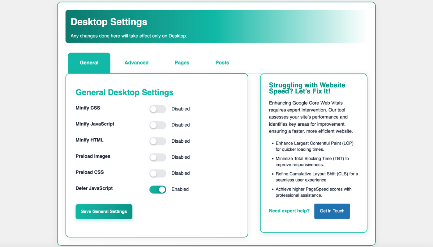 Screenshot of WP Unload plugin showing the deferJavaScript toggle enabled for WordPress optimization