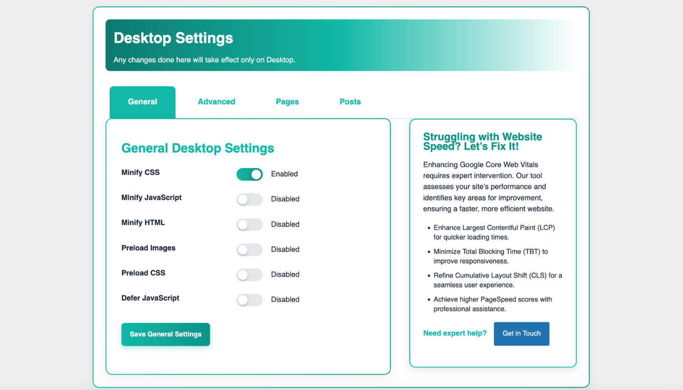 Screenshot of WP Unload plugin showing the Minify CSS toggle enabled for WordPress optimization