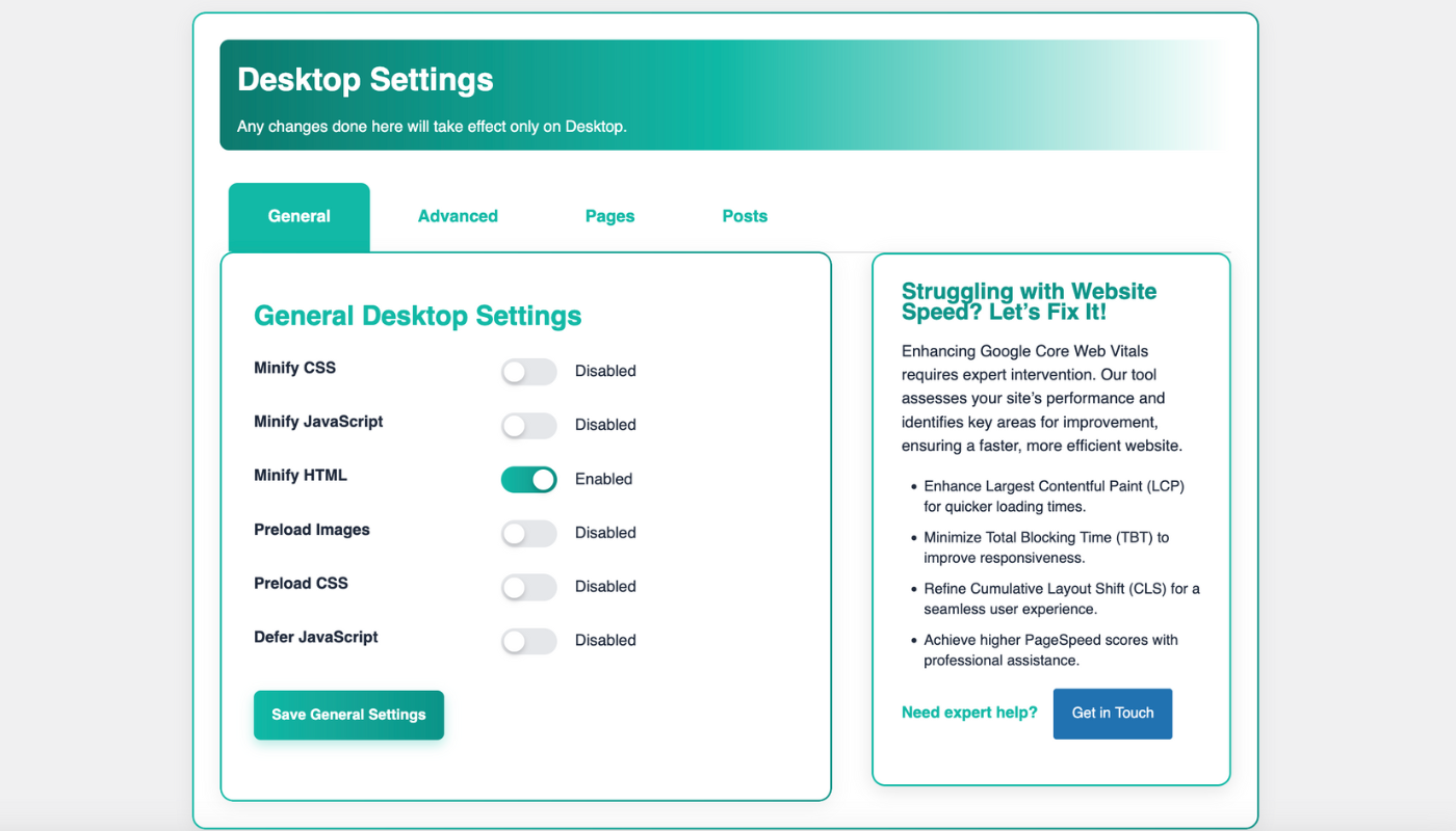 Screenshot of WP Unload plugin showing the Minify HTML toggle enabled for WordPress optimization