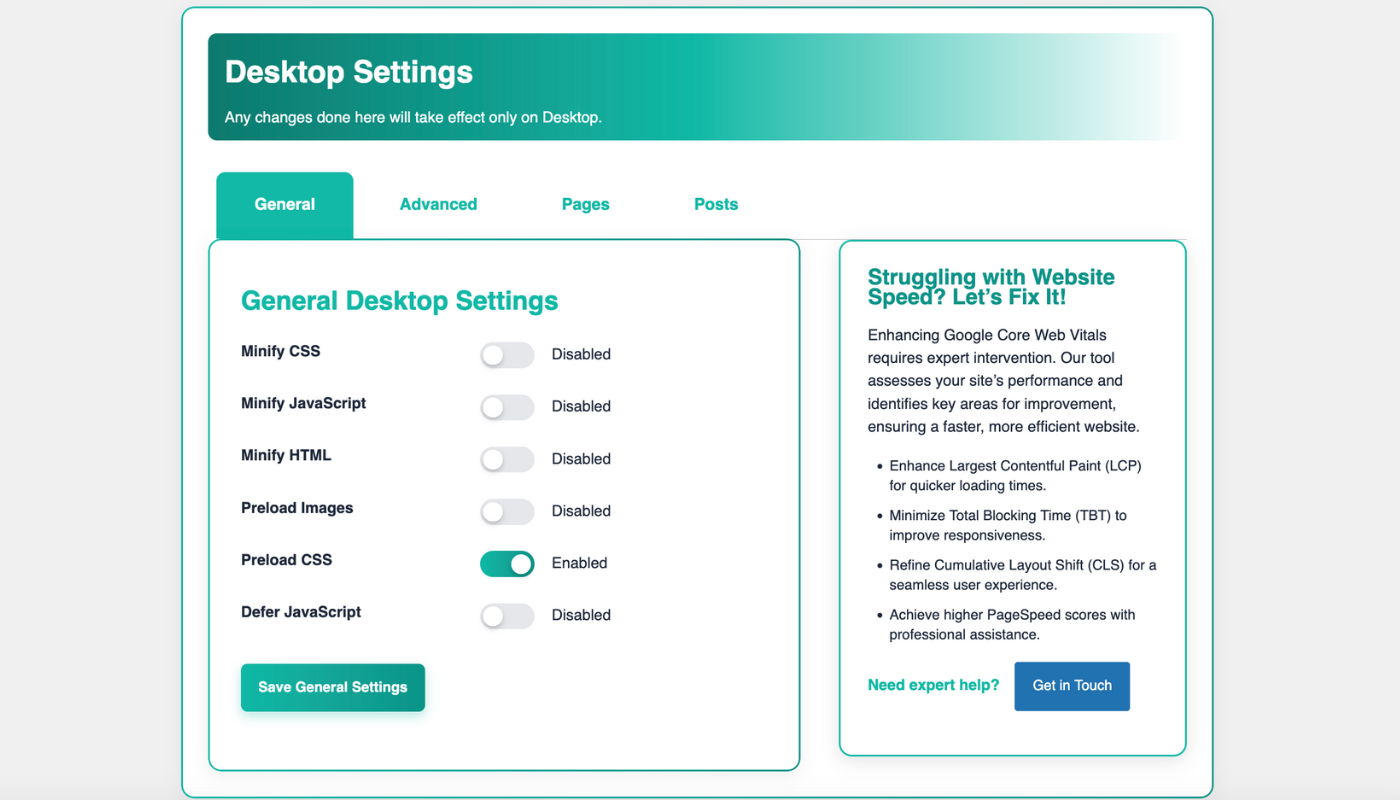 Screenshot of WP Unload plugin showing the Preload CSS toggle enabled for WordPress optimization