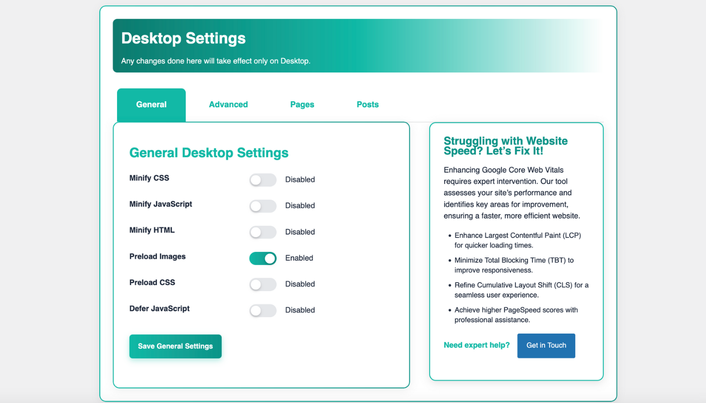 Screenshot of WP Unload plugin showing the Preload Images toggle enabled for WordPress optimization