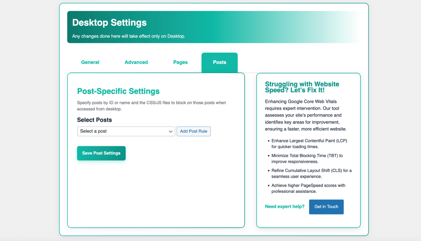 Screenshot of WP Unload Posts Tab for removing unused CSS on mobile WordPress posts