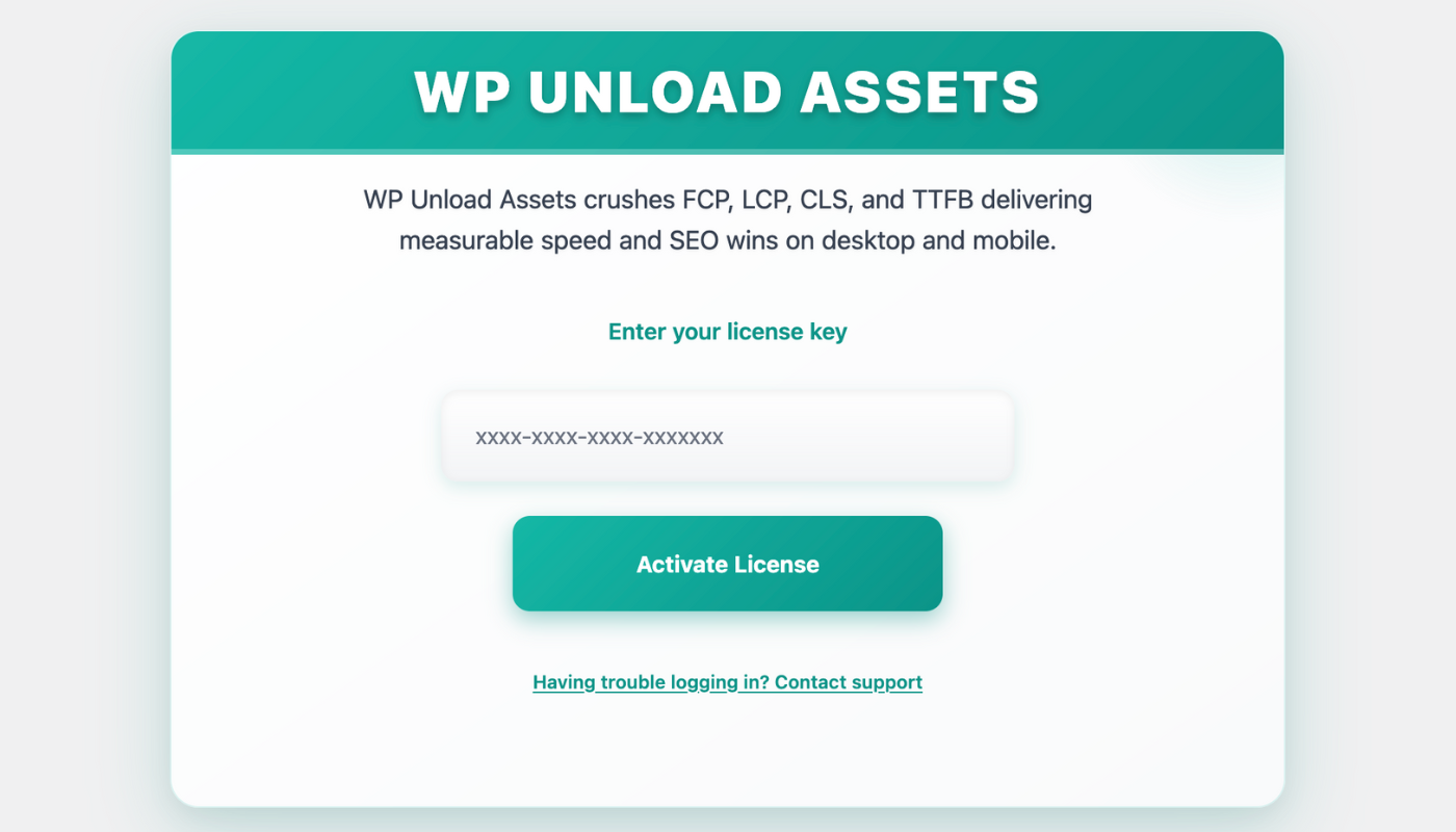WP Unload License Activation Screen