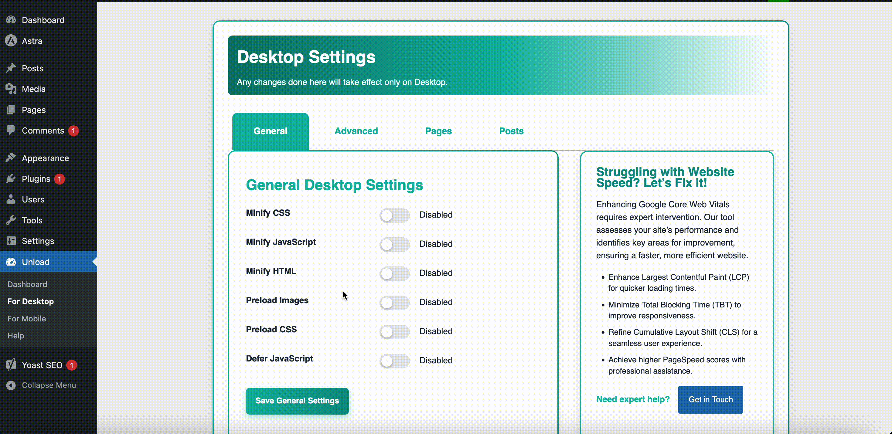 WP Unload plugin showing JavaScript defer settings for WordPress optimization