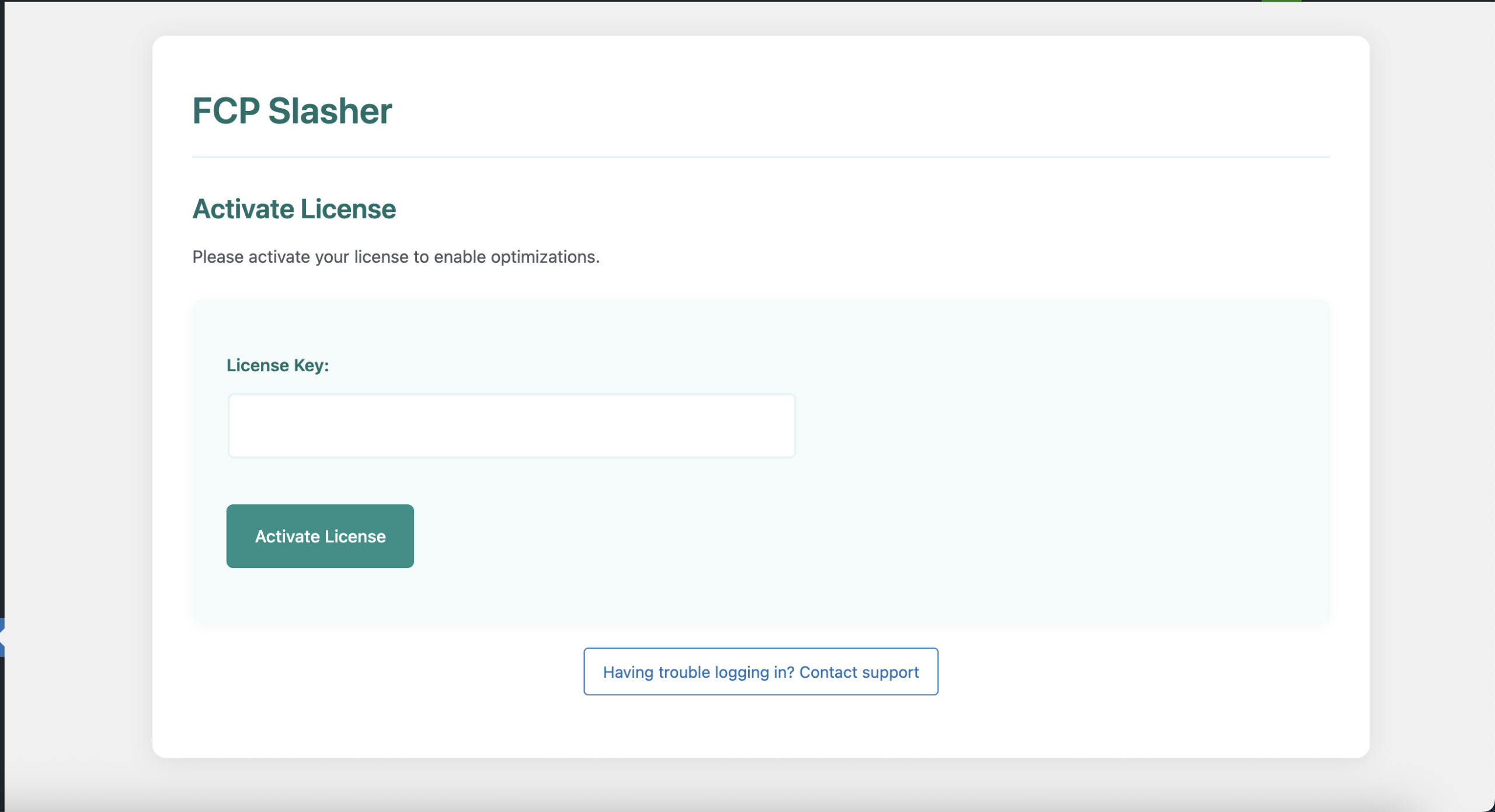 FCP Slasher license activation page in WordPress