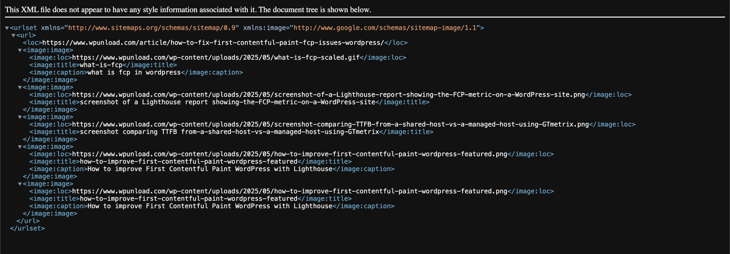 Screenshot of WP Image Sitemap plugin admin interface for configuring WordPress image sitemap settings
