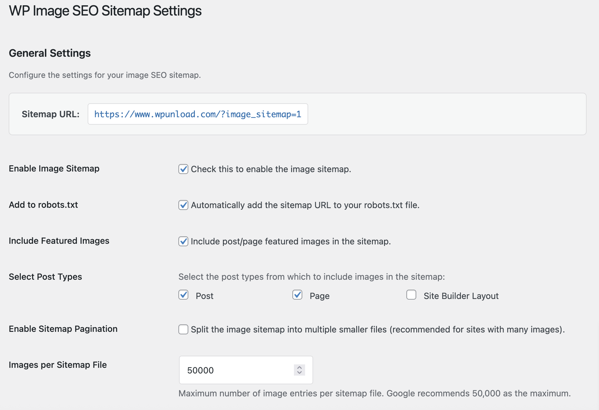 WordPress image sitemap plugin settings page for enabling sitemap and configuring post types