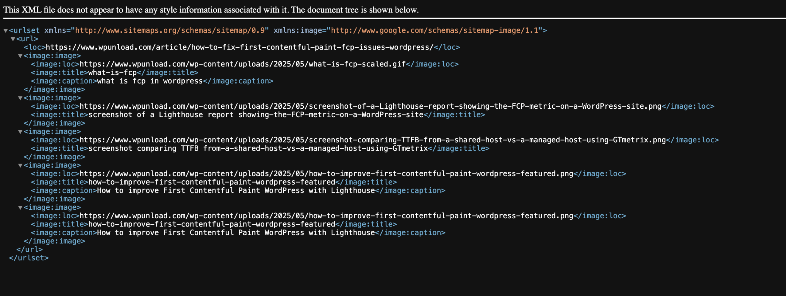Example of generated image sitemap XML with proper image metadata and SEO-friendly structure
