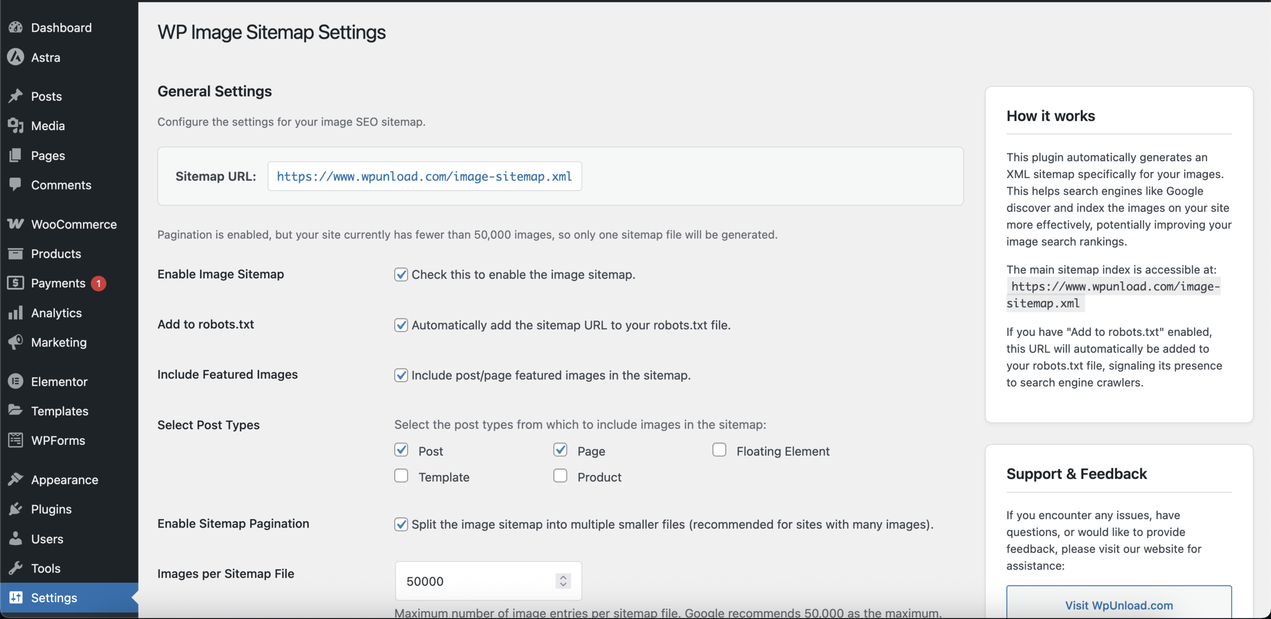 WP Image Sitemap Plugin Dashboard showing image sitemap generation interface with statistics and settings